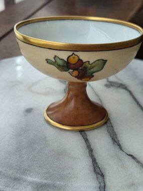 Vtg Epiag Czech Pedestal Compote Bowl Acorns Leaves Gold Rim Signed Dated 1925
